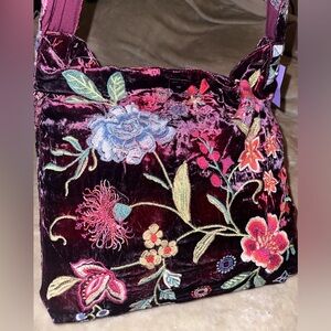 Johnny Was Floral Embroidered Velvet Tote - Burgundy and Multicolor